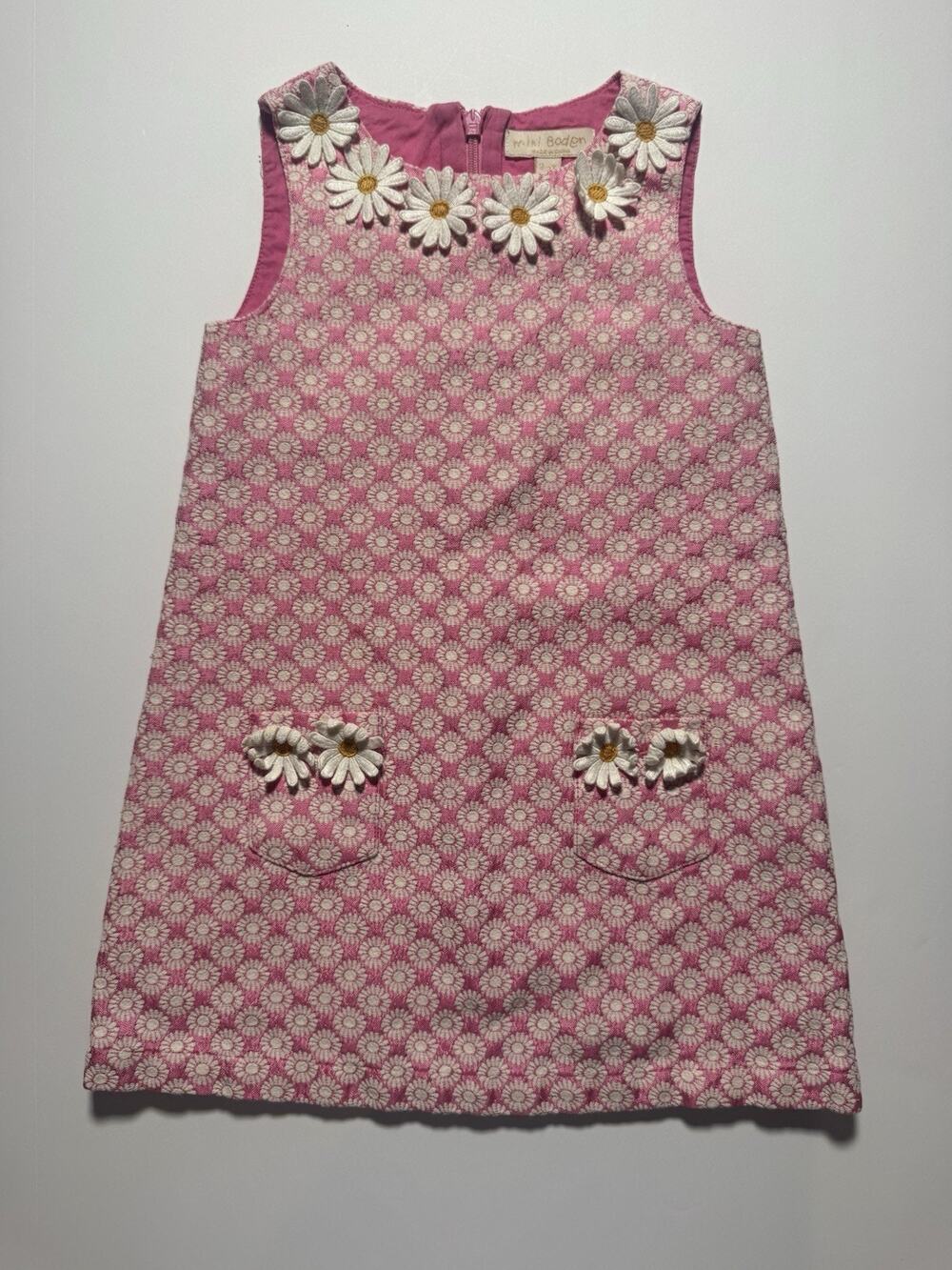 Mini Boden Girls Pink Daisy Applique Shift Dress Size 2-3Y Floral Sleeveless